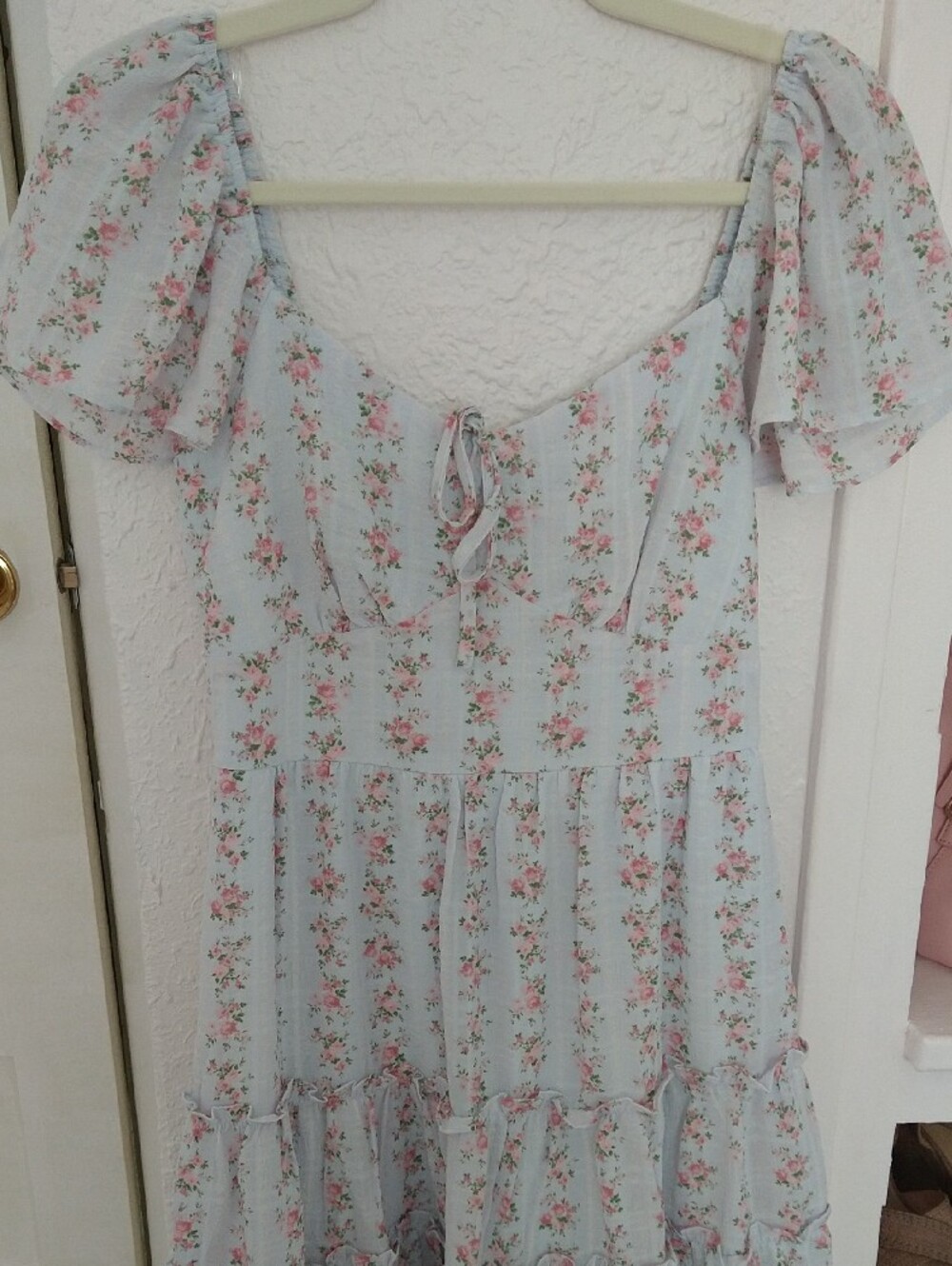 Crystal Doll Light Blue Floral Mini Dress with Pink Accents